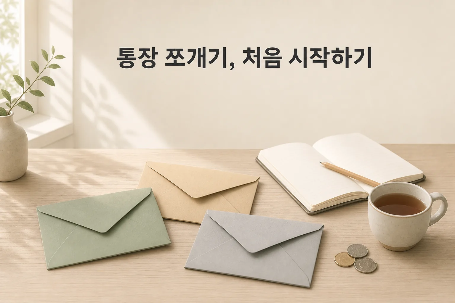 나무 책상 위에 놓인 세이지색·베이지색·회색 봉투 세 개와 펼친 노트, 연필, 찻잔, 동전 몇 개